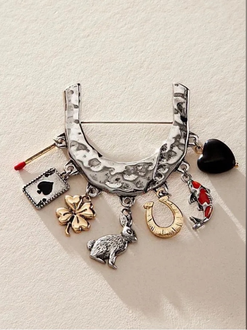 Free People Silver Multi-Charm Lucky Horseshoe Brooch - Women Jewelry- NWT